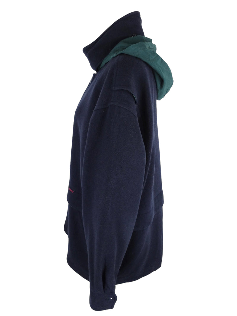 Vintage 90s Men’s Wool Utilitarian Bohemian Basic Solid Dark Navy Blue & Green Hooded Mac Jacket Coat | Men’s Size XL-XXL