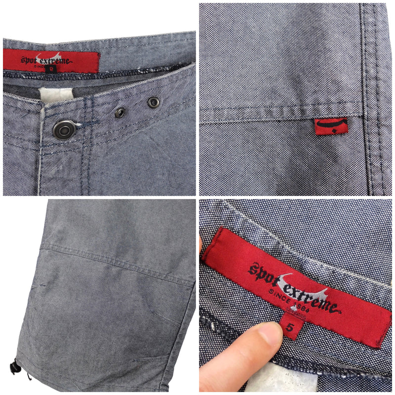 Vintage 00s Y2K Streetwear Utility Grey Long Cargo Bermuda Shorts with Drawstrings & Red Stitching Detail