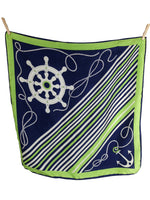 Vintage 60s Mod Nautical Sailor Style Dark Navy Blue & Green Abstract Striped Print Square Bandana Neck Tie Scarf