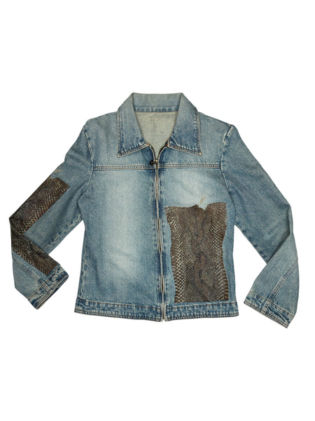Vintage 2000s Cavalli Light Wash Denim Jacket with Brown Abstract