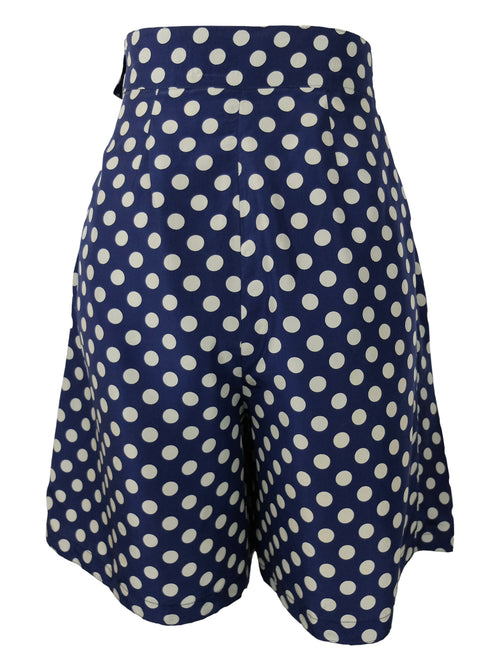 Vintage 80s Sportmax Silk Mod Pinup Rockabilly Preppy Chic Navy Blue & White Polka Dot High Waisted Flowy Bermuda Shorts | Size M
