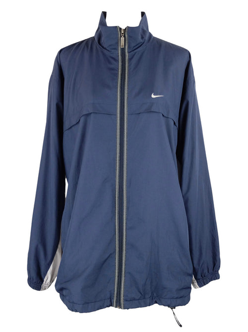 Vintage 90s Nike Men's Athletic Gorpcore Spellout Dark Navy Blue High Roll Neck Zip Up Windbreaker Shell Jacket | Men’s Size XXL