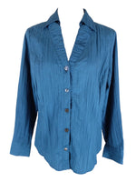 Vintage 2000s Y2K Solid Dark Blue Collared Long Sleeve Crinkle Button Up Shirt Blouse | Size L