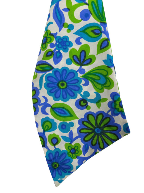 Vintage 60s Mod Psychedelic Hippie Blue & Green Floral Thin Neck Tie Scarf