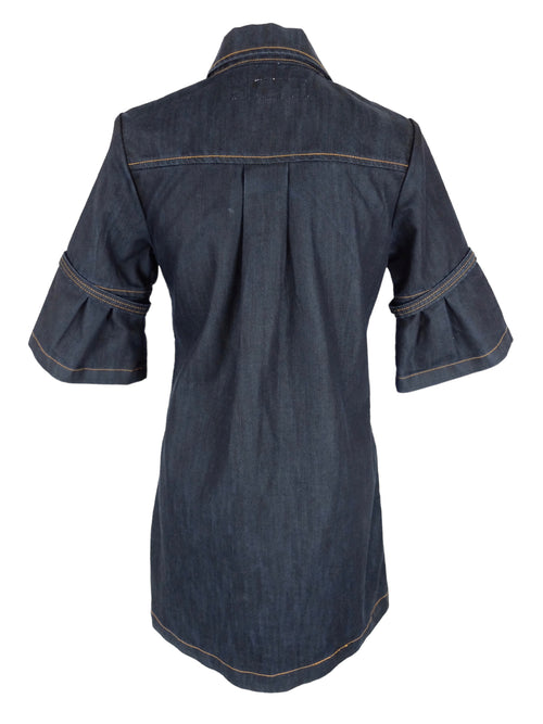 Vintage 2000s Y2K Preppy Bohemian Dark Wash Denim Collared Button Down Half Ruffled Sleeve Jean Mini Dress | Size S