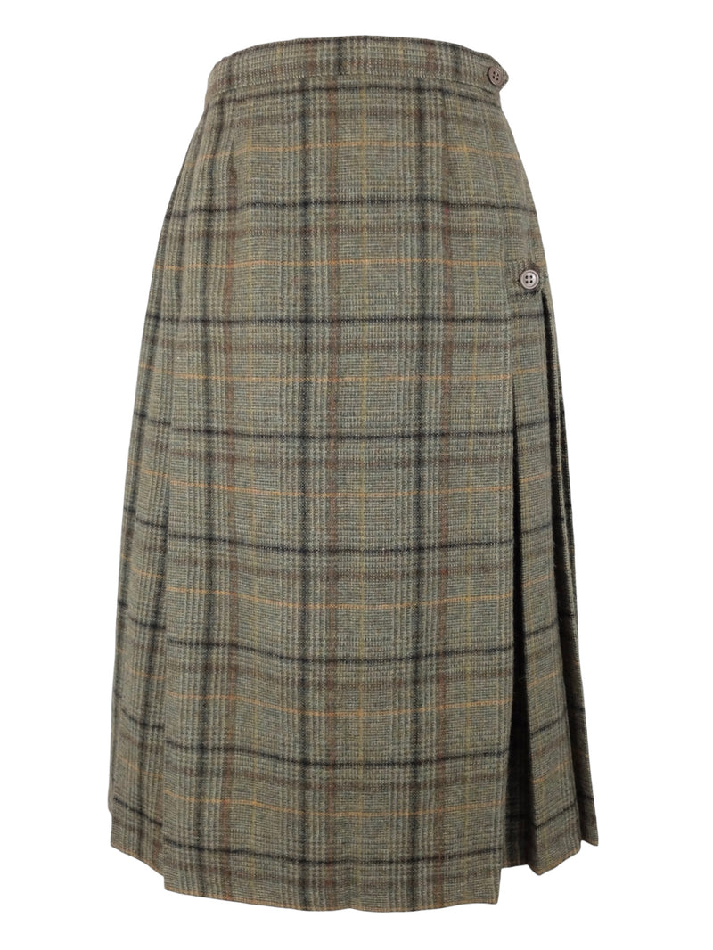 Vintage 60s Mod Chic Academia Schoolgirl Style Wool Khaki Green Plaid Check Print A-Line Pleated Midi Wrap Skirt
