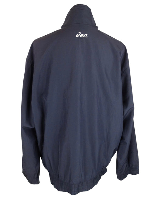 Vintage 2000s Y2K Men’s Asics Branded Streetwear Utility Gorpcore Dark Navy Blue Solid Basic Logo Roll Neck Zip Up Lightweight Windbreaker Shell Jacket
