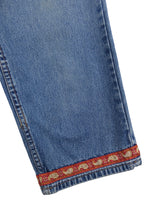 Vintage 90s Y2K Bohemian Festival Medium Wash High Waisted Blue Denim Straight Leg 3/4 Length Capri Jeans with Orange Paisley Ribbon Trim