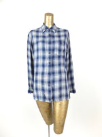 80s Navy Blue Check Print Collared Button Up Long Sleeve Shirt