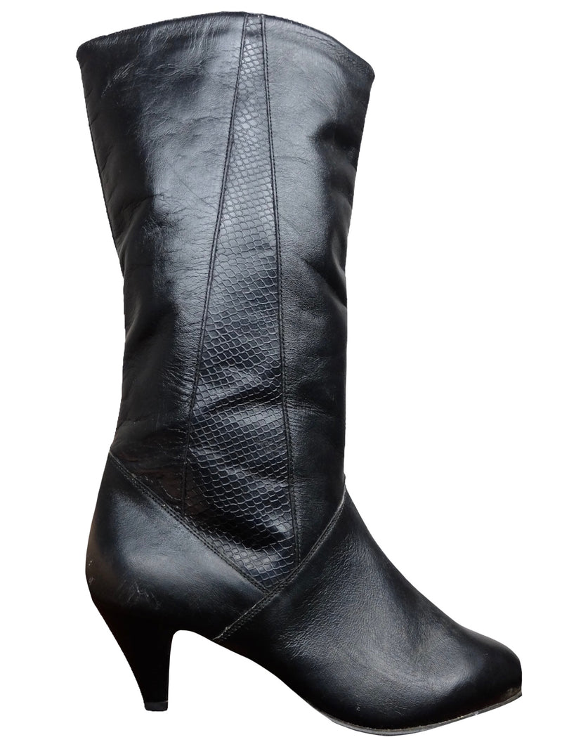 Vintage 80s Bohemian Avant-Garde Glam Rock Chic Mid-Calf Black Leather Heeled Zip Up Boots | Women’s Size US 6, EU 37, UK 4