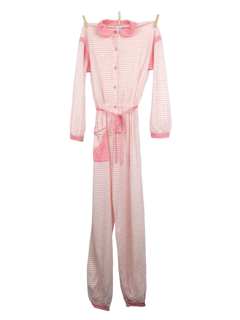 Vintage 70s Mod Hippie Chic Pastel Pink & White Striped Collared Long Sleeve Button Up Jumpsuit with Waist Tie | Size XS
