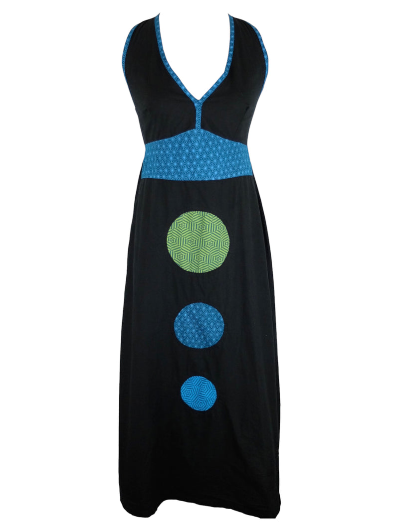 Vintage 2000s Y2K Bohemian Hippie Festival Style Black & Blue Circle Geometric Patterned Sleeveless Halter Floor Length Maxi Dress | Size S