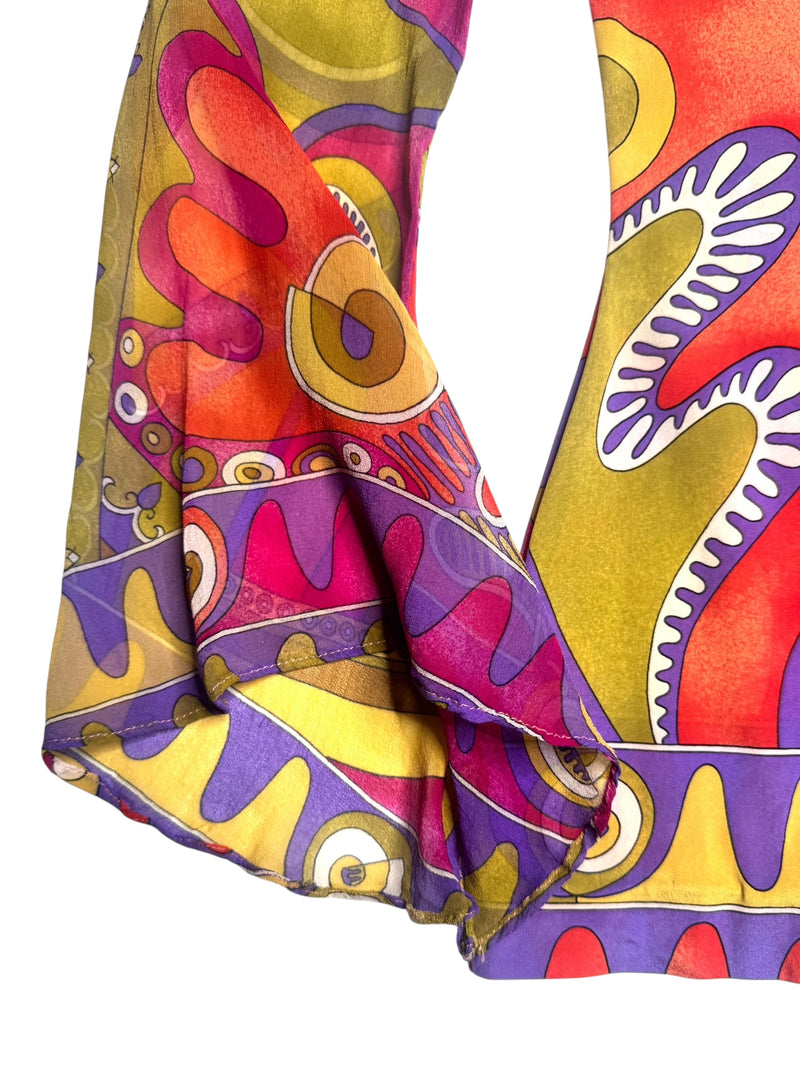 Vintage 90s Y2K Anna Molinari Blumarine Rare Psychedelic Silk Bright Abstract Patterned Butterfly Sleeve Blouse