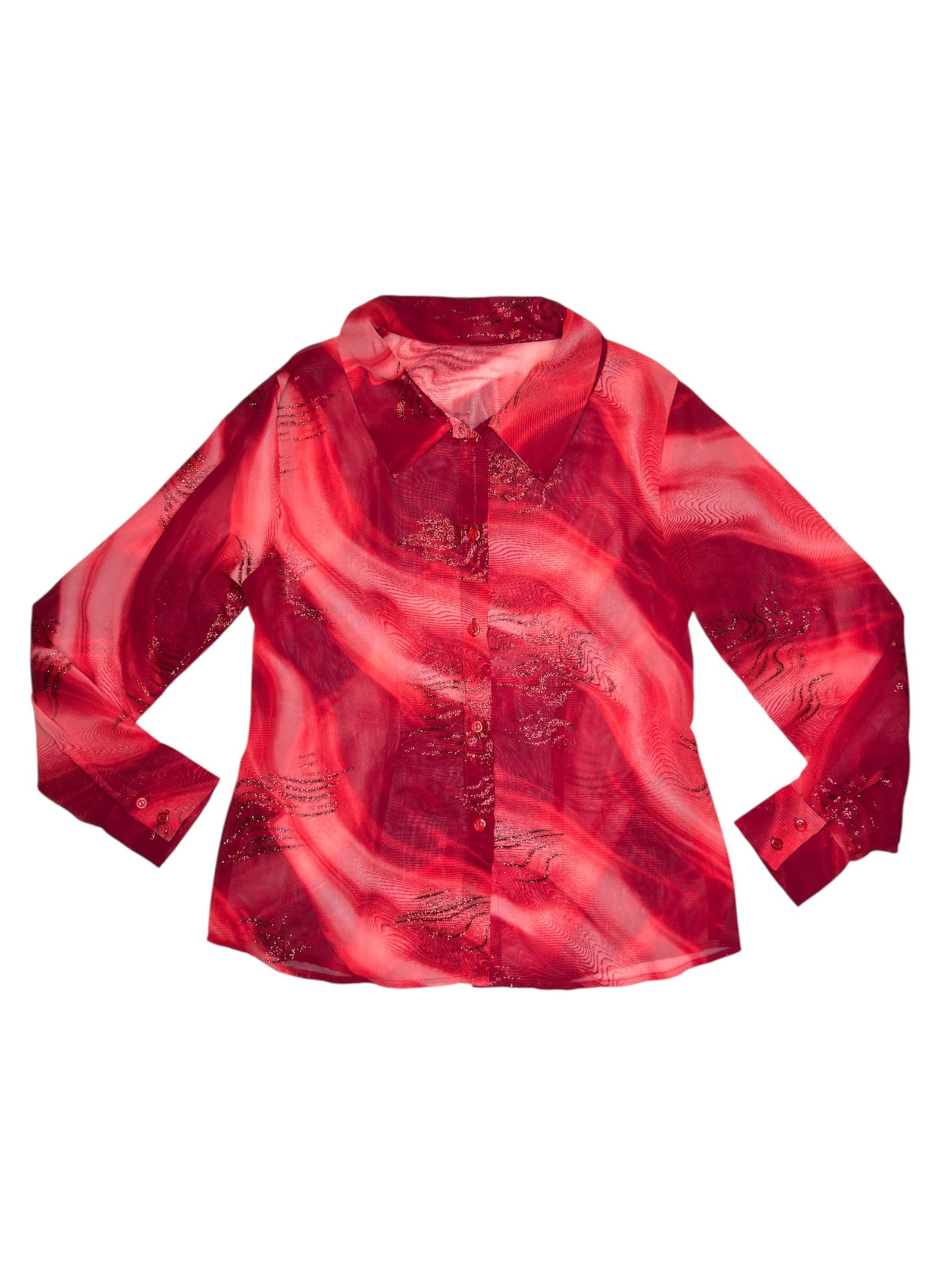 Vintage 2000s Red Glitter Abstract Semi-Sheer Long Sleeve Button Up Top | Size S-M