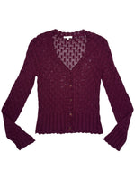 Vintage 2000s Burgundy Open Knit Crochet V-Neck Button Up Cardigan Sweater | Size S