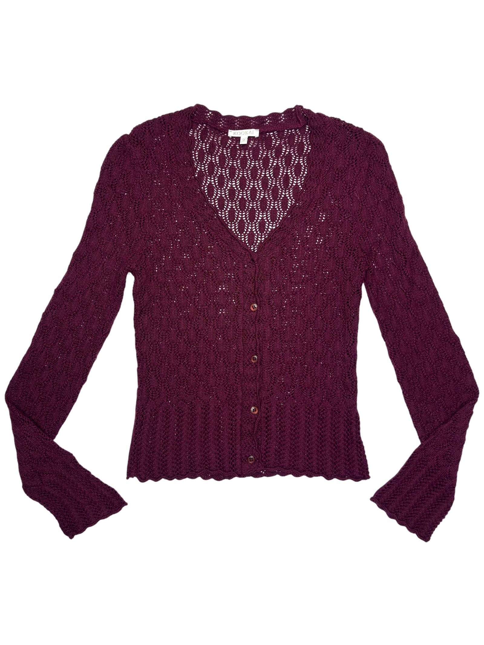 Vintage 2000s Burgundy Open Knit Crochet V-Neck Button Up Cardigan Sweater | Size S