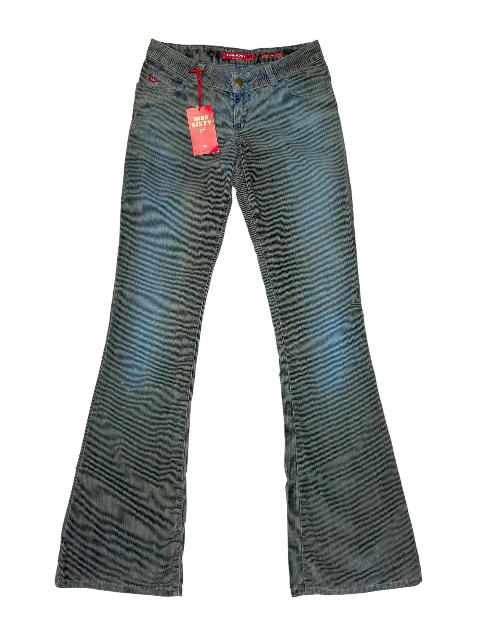 Vintage 2000s MISS SIXTY Deadstock Blue Grey Corduroy Ultra Low Rise Flared Bootcut Trousers | Size XS-S