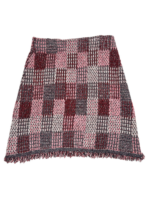 Vintage 2000s High Waisted Pink Checkered Woven Stretchy Metallic A-Line Knit Mini Skirt | Size S