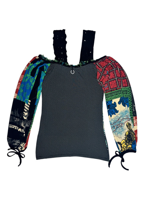Vintage 2000s Y2K Save The Queen Subversive Off-the-Shoulder Abstract Multicoloured Patchwork Print Long Sleeve Blouse | Size M