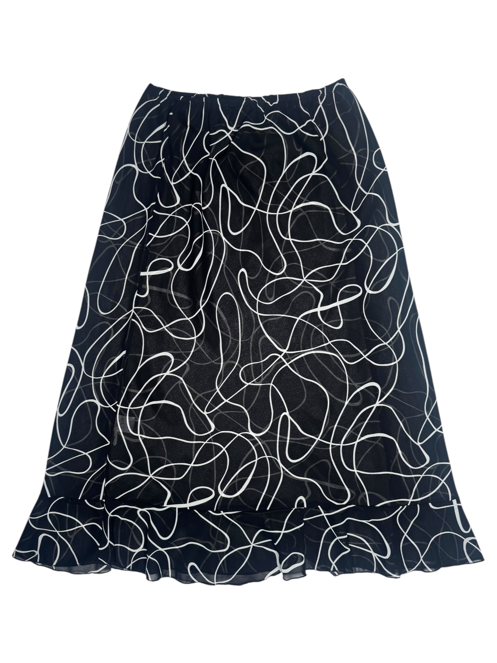 Vintage 2000s Y2K Italian Black & White Abstract Patterned Transparent Chiffon Midi Skirt | Size XL