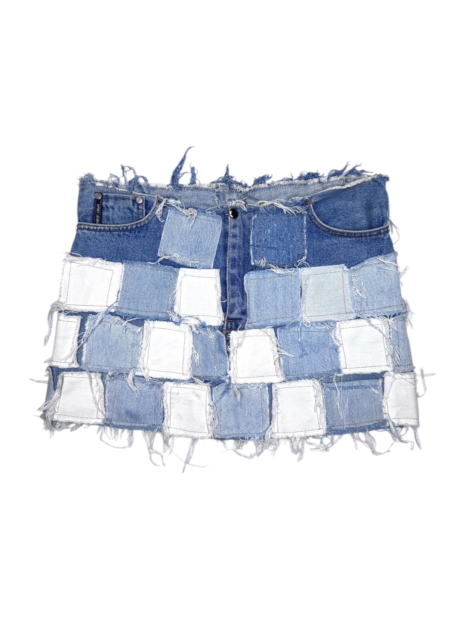 Vintage 2000s Low Rise Blue Denim Distressed Patchwork Jean Mini Skirt | Size S