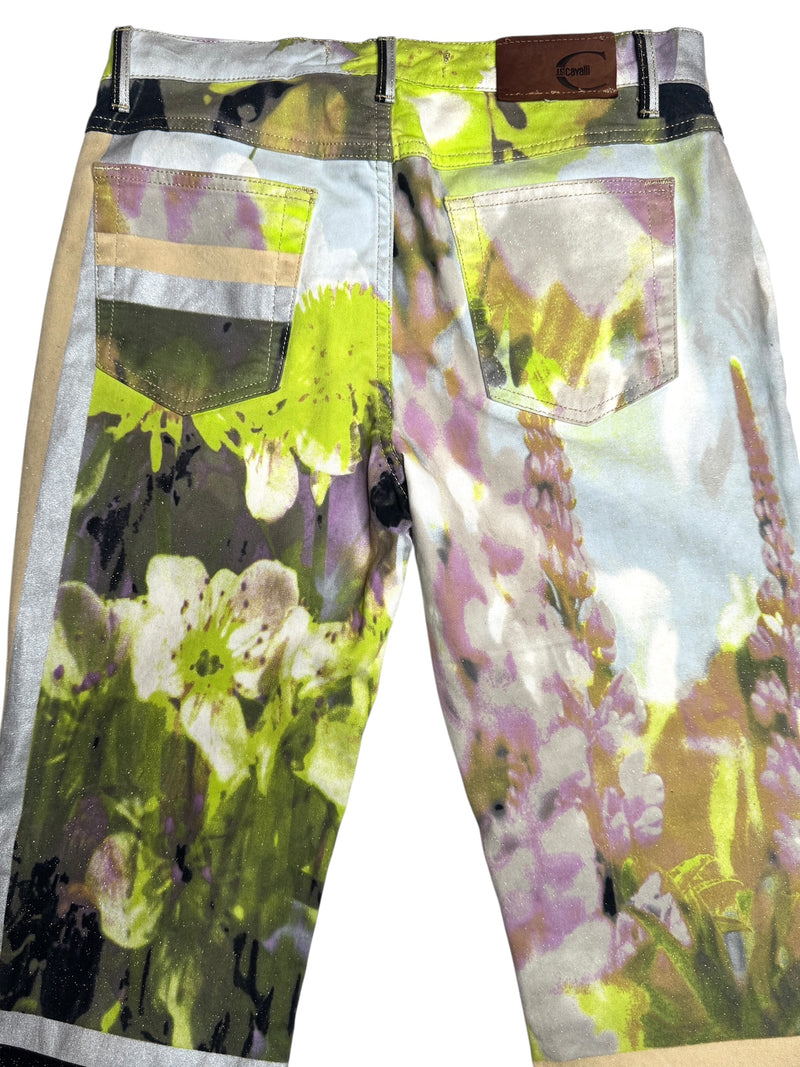 Vintage 2000s Y2K Just Cavalli Bohemian Grunge Mid-Rise Bright Green & Purple Abstract Floral Straight Leg Glitter Jeans | 28 Inch Waist