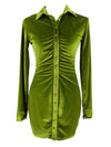 Vintage 2000s Y2K Green Velvet Collared Long Sleeve Button Down Fitted Draped Ruched Mini Dress