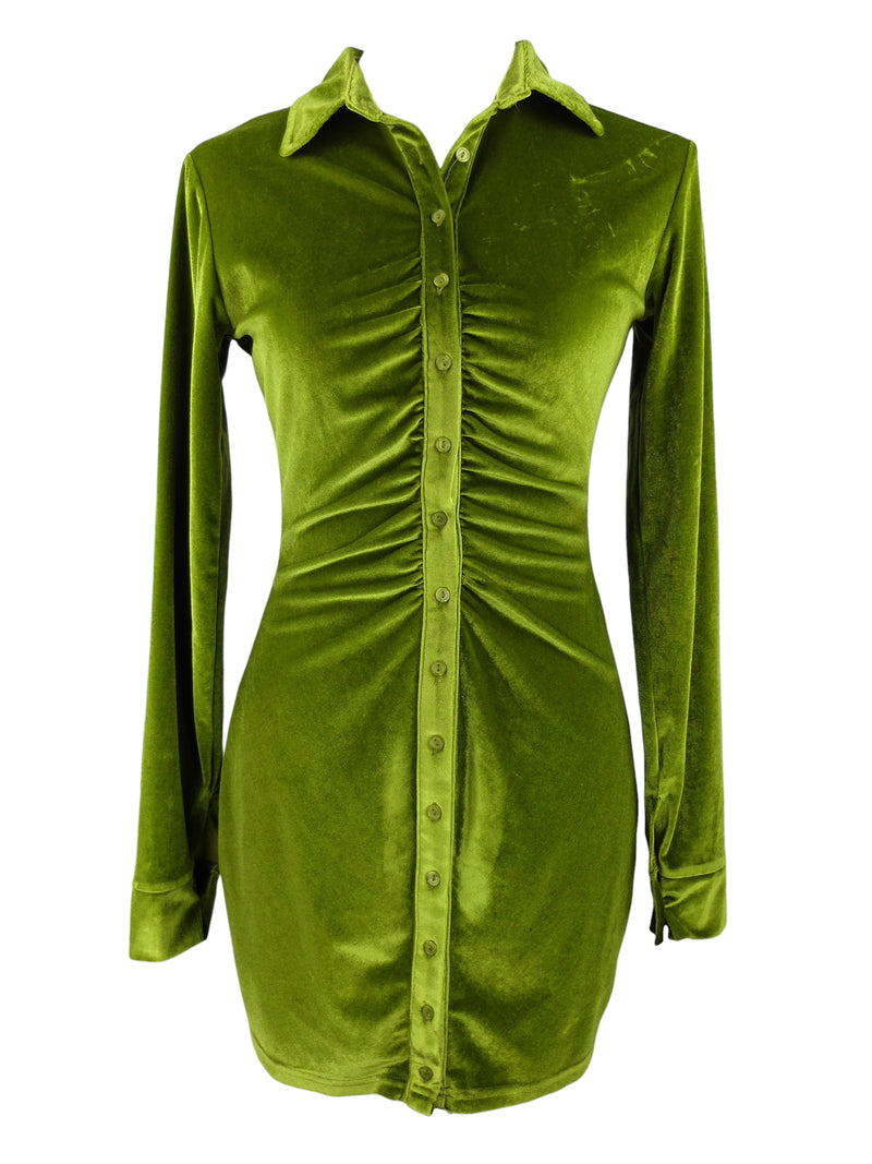 Vintage 2000s Y2K Green Velvet Collared Long Sleeve Button Down Fitted Draped Ruched Mini Dress