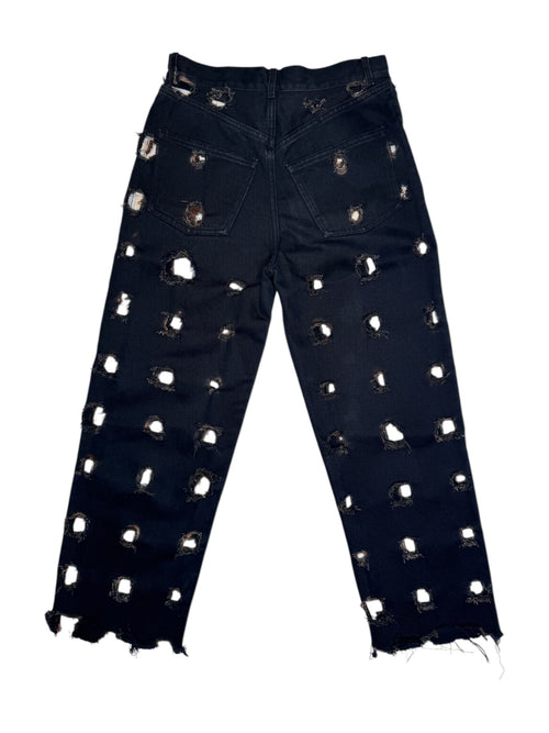 Ottolinger Black Distressed Cropped Denim Jeans with Burned Cutout Hole Detail | 28 Inch Waist