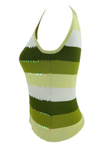 Vintage 2000s Y2K Mod Bohemian Green & White Striped Sleeveless Knit Tank Blouse with Sequin Detail | Size M-L