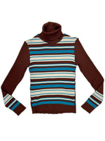 Vintage 70s Brown Blue & White Striped Ribbed Knit Fitted Long Sleeve Turtleneck Sweater | Size XS