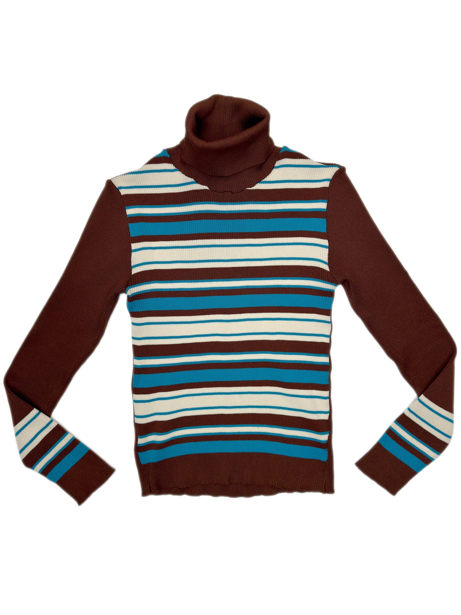 Vintage 70s Brown Blue & White Striped Ribbed Knit Fitted Long Sleeve Turtleneck Sweater | Size XS