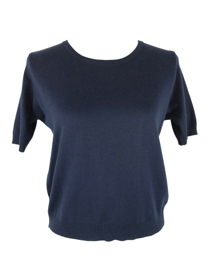 Vintage 2000s Y2K Balenciaga Designer Navy Blue Solid Basic Pullover Knit Short Sleeve Blouse | Size L