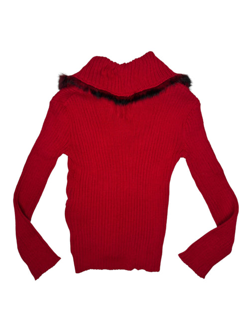 Vintage 2000s Wool Blend Red Stretchy Knit Wrap Ribbed Sweater with Fur Trim | Size S