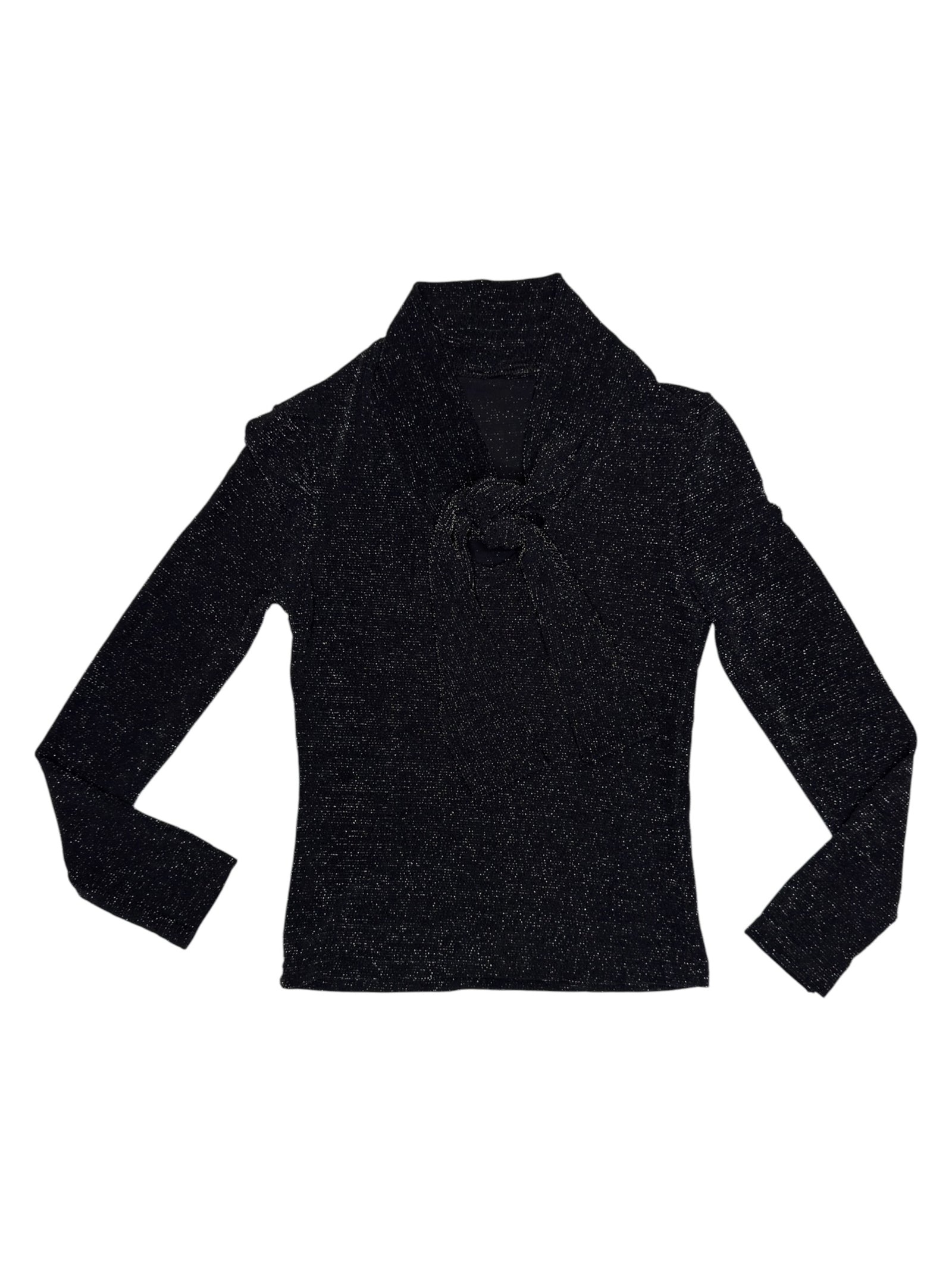 Vintage 2000s Black Metallic Sparkle Stretchy Long Sleeve Mockneck Top with Tie | Size XS-S
