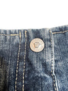 Vintage 2000s Y2K Versace Jeans Couture Low Rise Medium Wash Faded Denim Skirt With Red Stars & Rhinestones | Size M