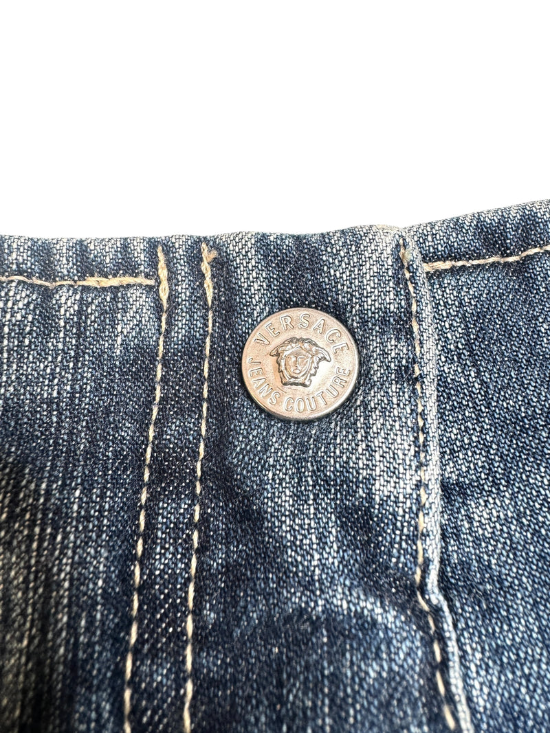 Vintage 2000s Y2K Versace Jeans Couture Low Rise Medium Wash Faded Denim Skirt With Red Stars & Rhinestones | Size M