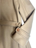 Vintage 70s Mod Bohemian Hippie Tan Button Down Trench Coat With Genuine Fur Trim & Tie Belt | Size S-M