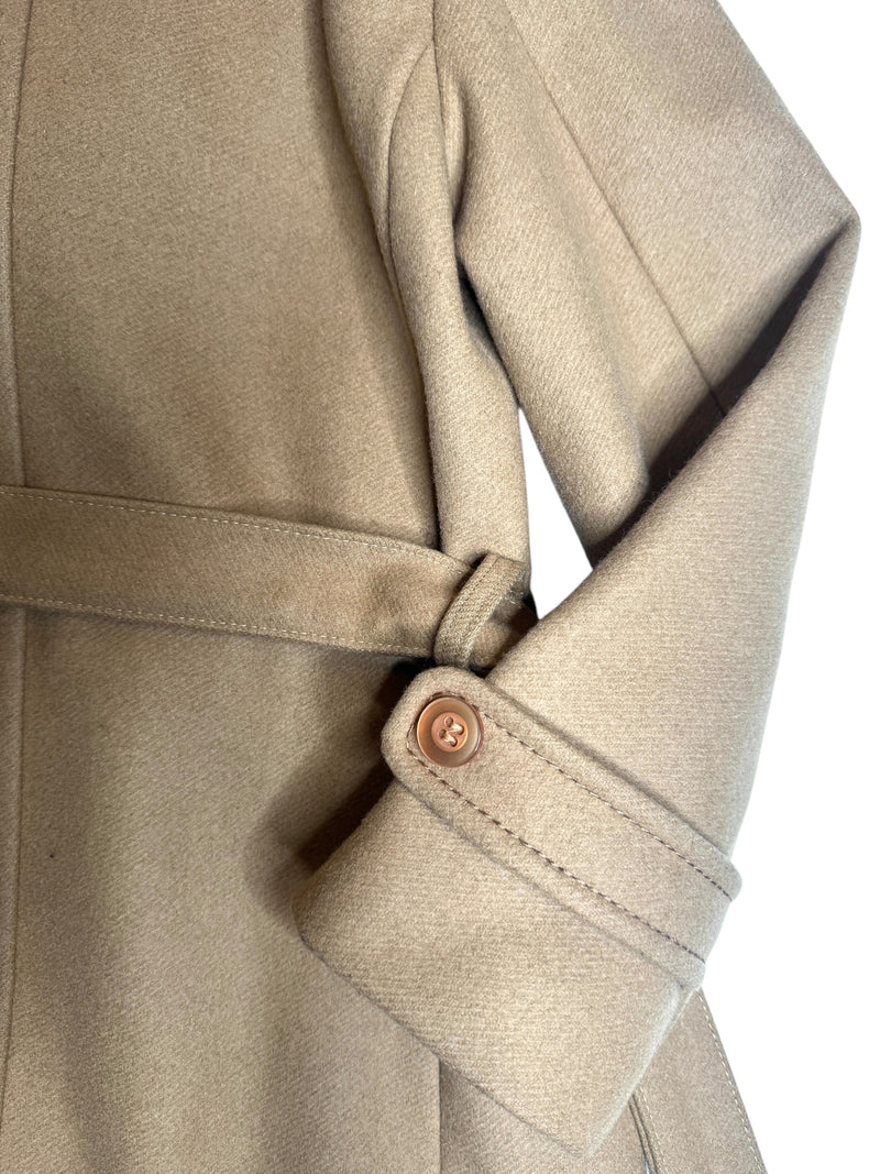 Vintage 70s Mod Bohemian Hippie Tan Button Down Trench Coat With Genuine Fur Trim & Tie Belt | Size S-M