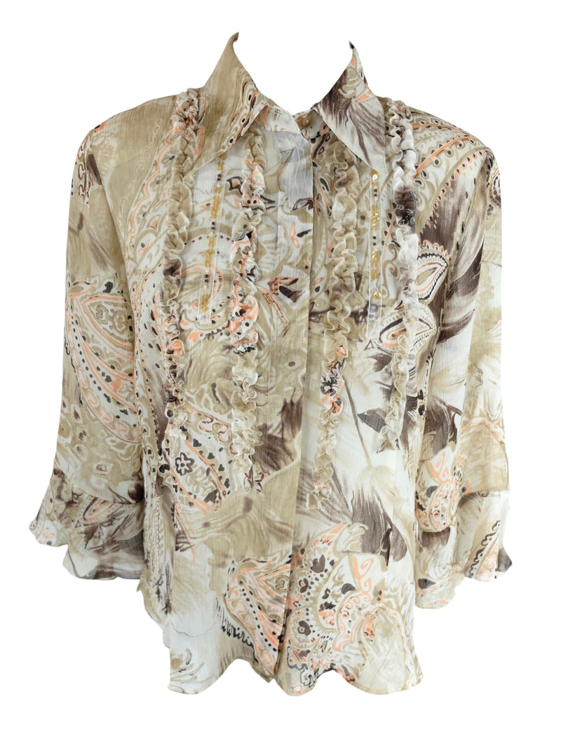 Vintage 2000s Y2K Chic Feminine Bohemian Brown & Peach Abstract Paisley Print Ruffled Collared 3/4 Sleeve Button Up Blouse
