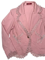 Vintage 2000s Y2K Preppy Chic Pastel Baby Pink Collared Cotton Blazer Jacket with Bedazzled Rhinestones | Size M