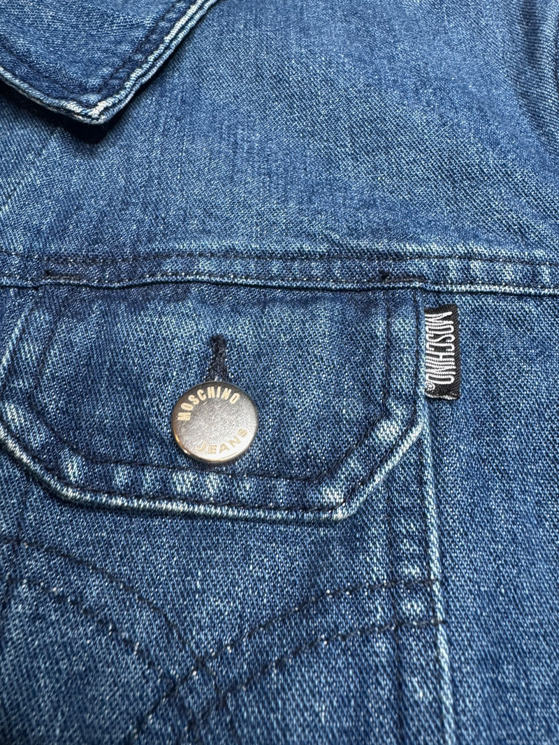 Vintage 2000s Y2K Moschino Jeans Cropped Blue Medium Wash Collared Button Down Denim Jacket | Size M-L