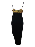 Vintage 90s La Perla Designer Chic Black & Brown Leopard Animal Print Sleeveless Spaghetti Strap Tank Midi Dress | Size M