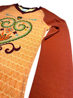 Vintage 2000s Y2K Custo Barcelona Orange Long Sleeve Abstract Graphic Print V-Neck Shirt with Glitter Sleeves | Size S