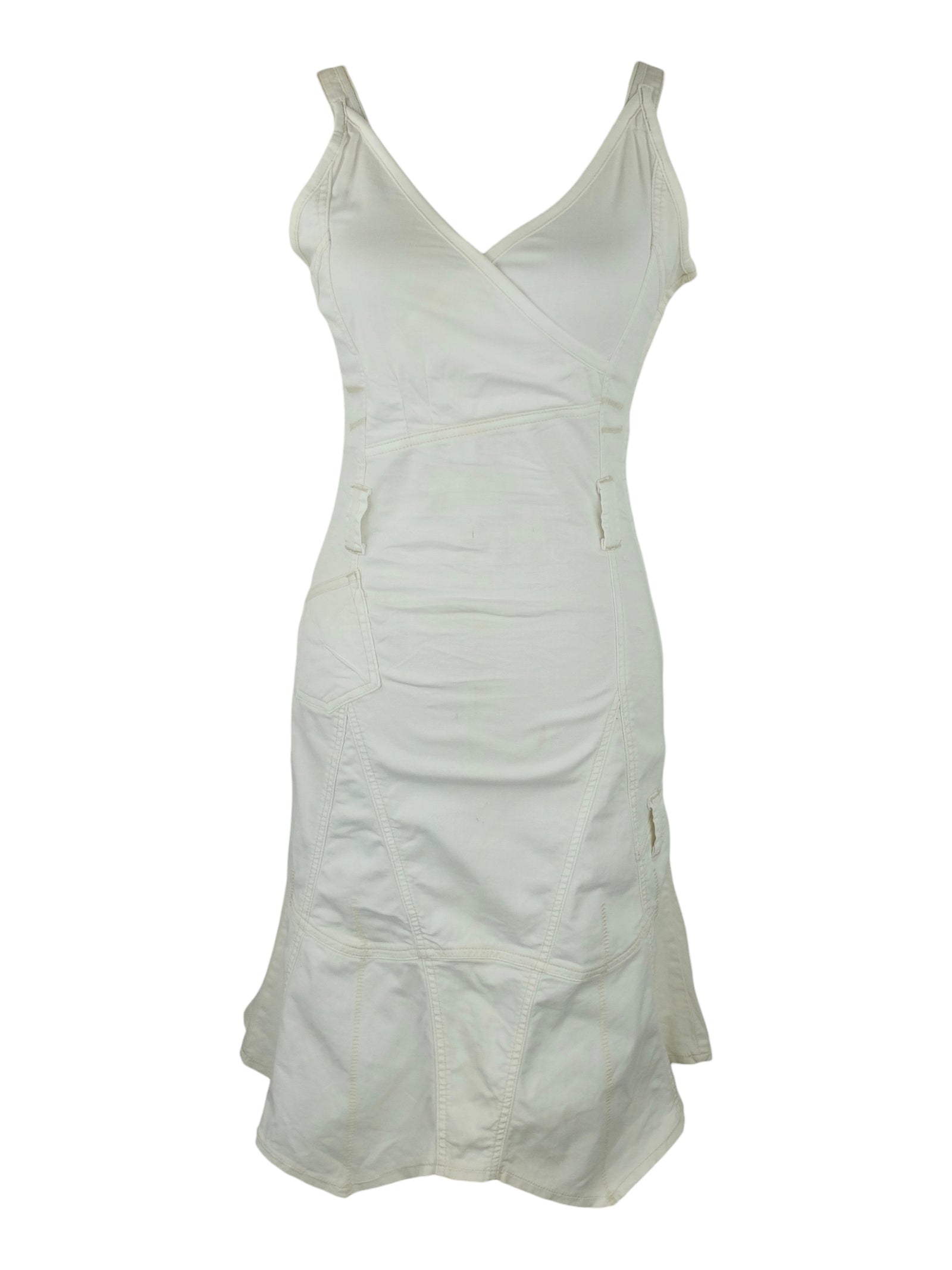 Vintage 2000s Y2K Subversive Soft Grunge White Sleeveless V-Neck Tank Fit & Flare Midi Dress | Size S