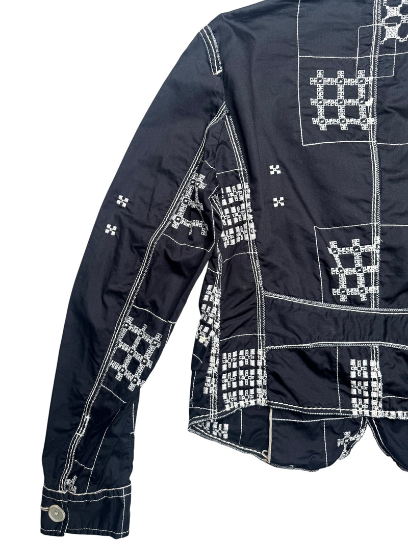 Vintage 2000s Y2K Marithé + François Girbaud Bohemian Subversive Navy Blue & White Abstract Embroidered  Button Down Collared Blazer Jacket | Size S