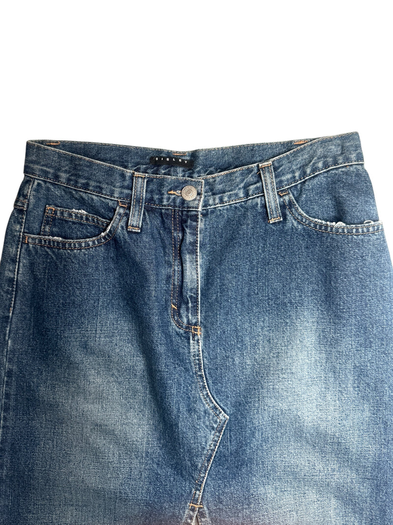 Vintage 2000s Y2K Soft Grunge Streetwear Blue Jean Denim Low Rise Cutout Maxi Skirt | Size S