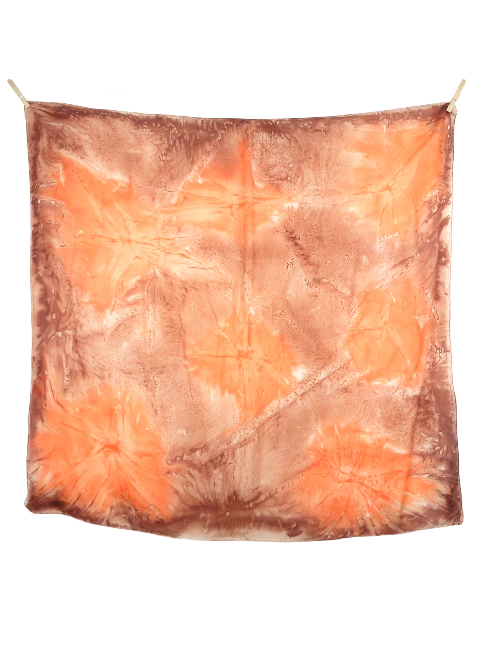 Vintage 2000s Y2K Silk Bohemian Festival Style Orange & Brown Acid Wash Tie Dye Square Bandana Neck Tie Scarf with Handrolled Hem