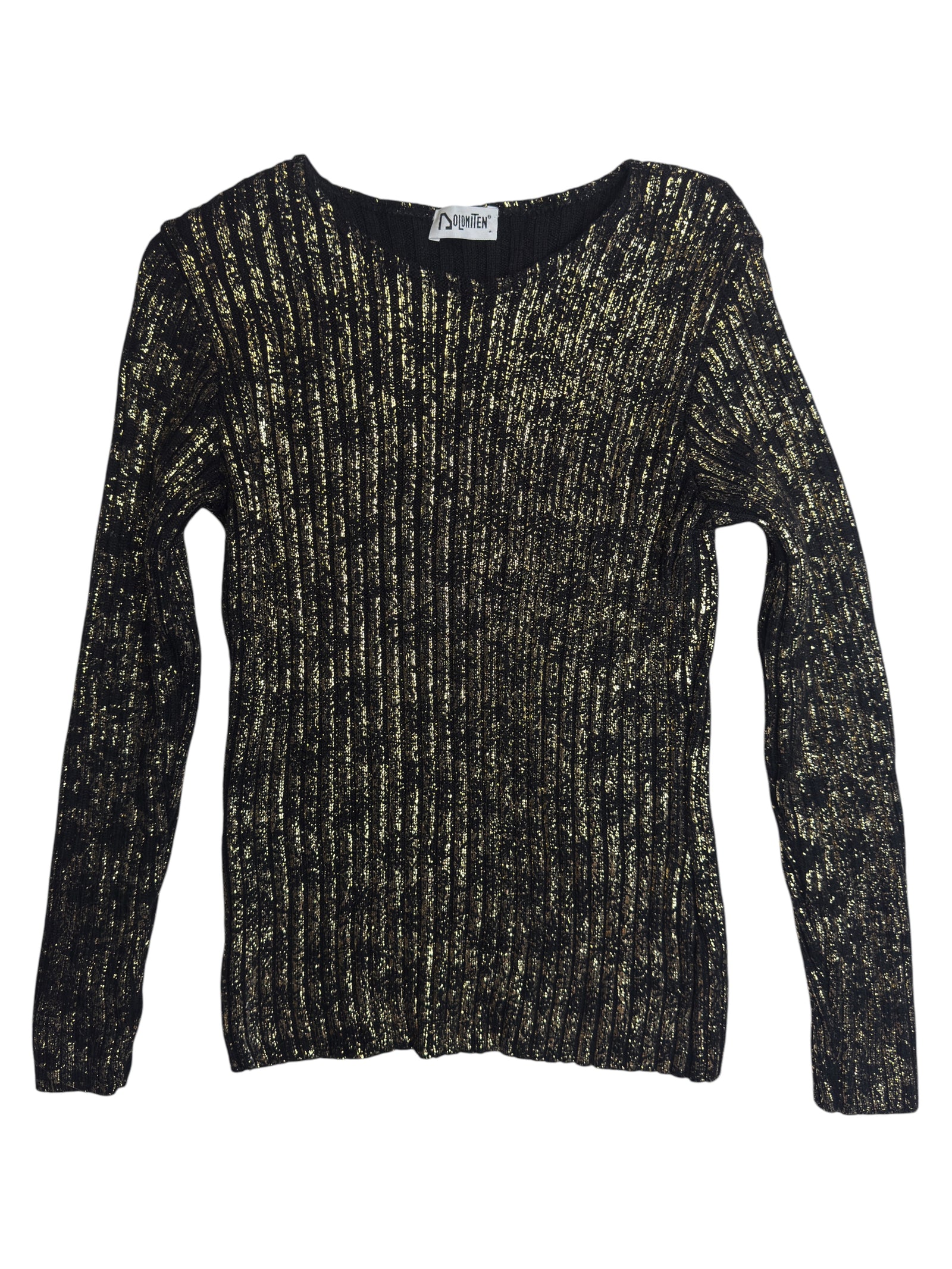 Vintage 2000s Black & Metallic Gold Wool Ribbed Fitted Sweater | Size S-M