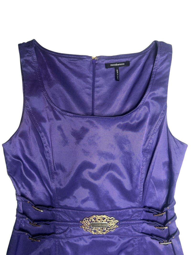 Vintage 2000s Y2K Rocco Barocco Bright Purple Formal Knee Length Sleeveless Dress with Buckle Detail | Size M